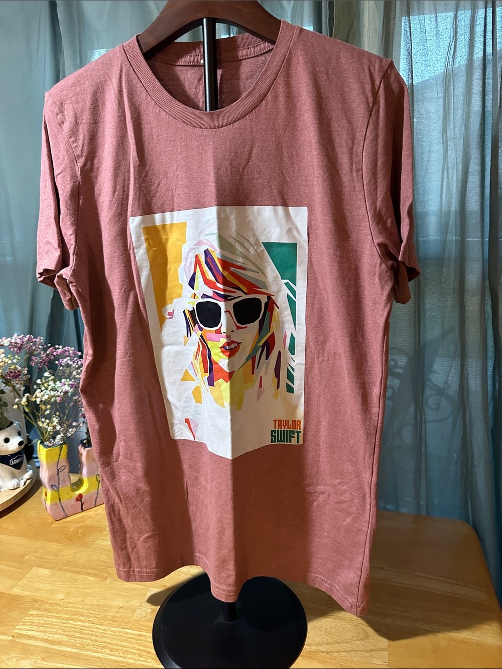 Taylor Swift Rust-Pink Graphic Tee with Multicolor Portrait